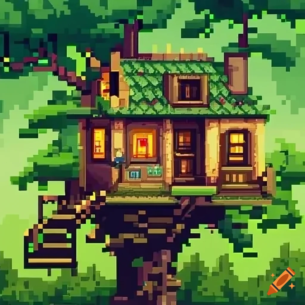 アクリル絵画　“Tree House” アクリル絵画 “Tree House” Voxel tree house in a blocky