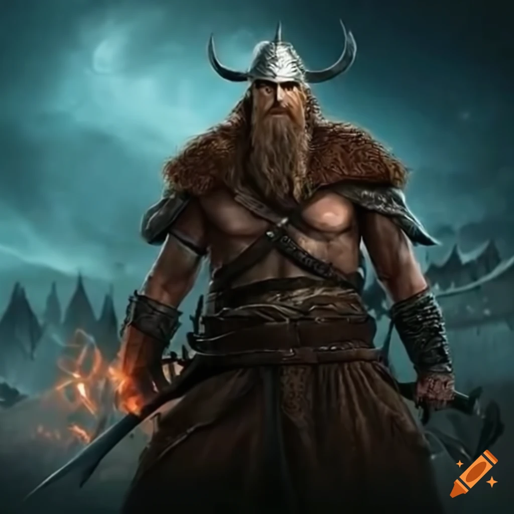 A powerful viking warrior brandishing a mythical blade in battle