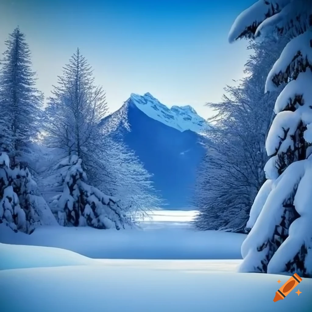 Serene winter scenery with snow-covered trees and majestic