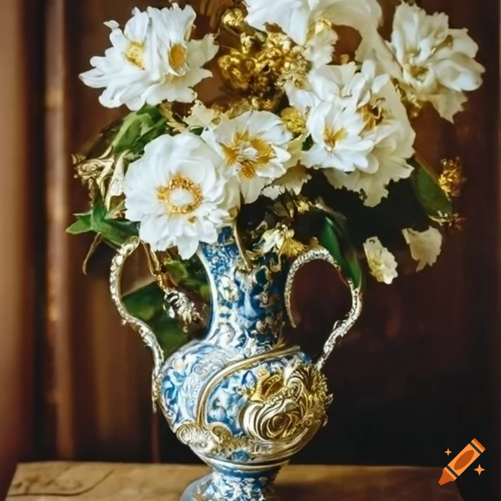 A vase with many white and gold flowers, baroque art, vintage on Craiyon