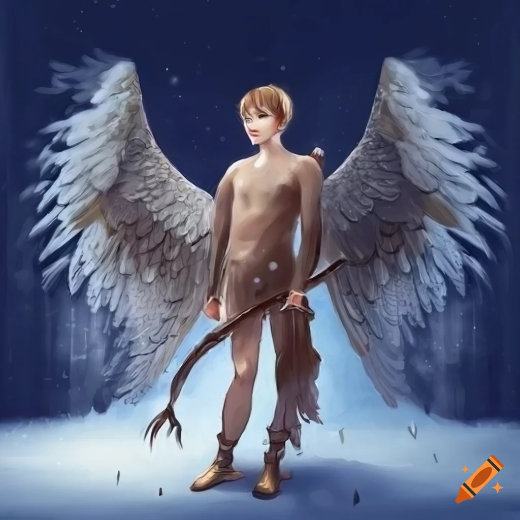 Fantasy art style, a male angel with short brown hair and metallic ...