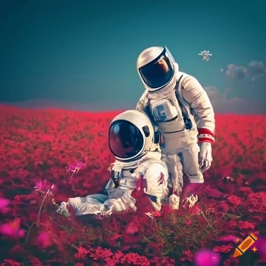 Astronaut couple laying in a field of flowers on Craiyon