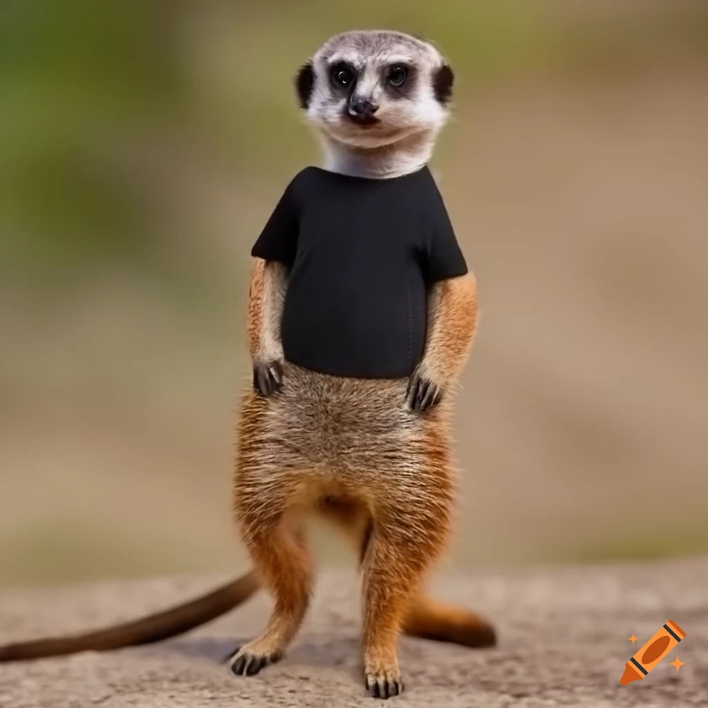 A meerkat with black tshirt, khaki pants