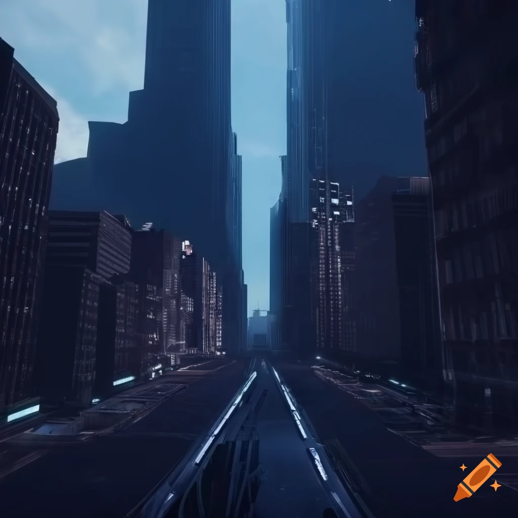 Unreal engine 5 aerial view of sci-fi new york sci-fi street with many sci-fi futuristic large white skyscrapers, sci-fi spaceships and sci-fi futuristic cars with blue sky