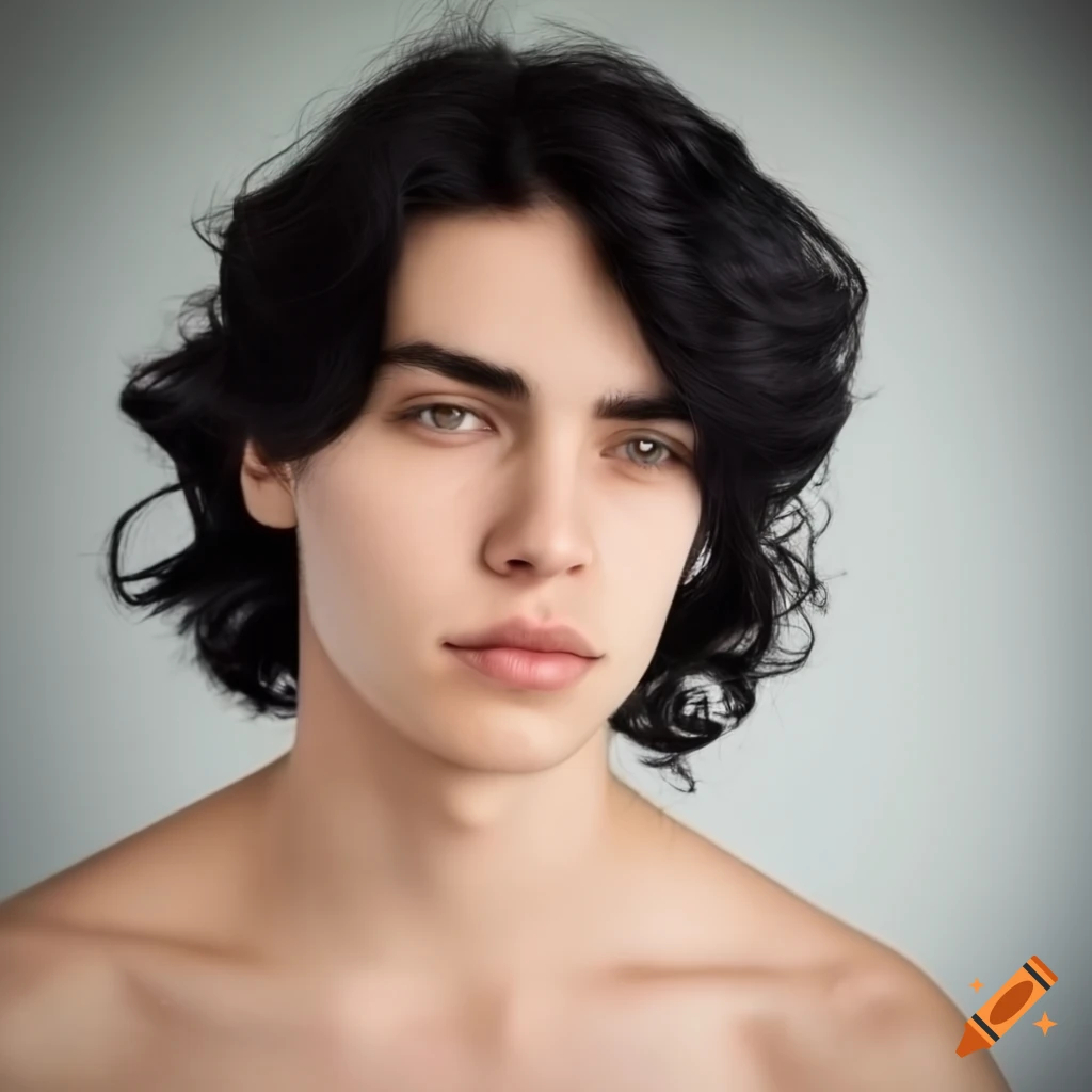 Young man with shoulder length wavy black hair and green eyes on Craiyon