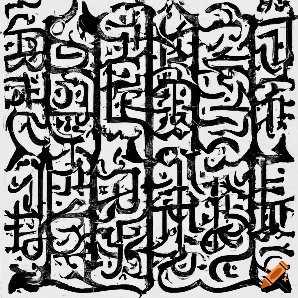alien logographic characters, blocky, ornate, baroque, elaborate, entangled, convoluted, labyrinthine, detailed, black and white, kanji, Mongolian, calligraphy, language, text, angled, sharp, straight, draconic, harsh, pointy