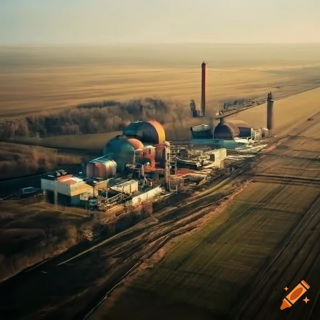 An aerial view of a industrial complex with chimneys in a rural area