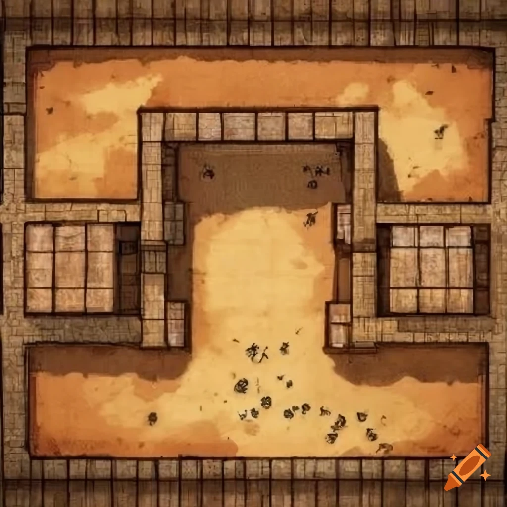 Dnd battle map. Ancient Desert palace full of sand with balcony on one side and stone door on the other side