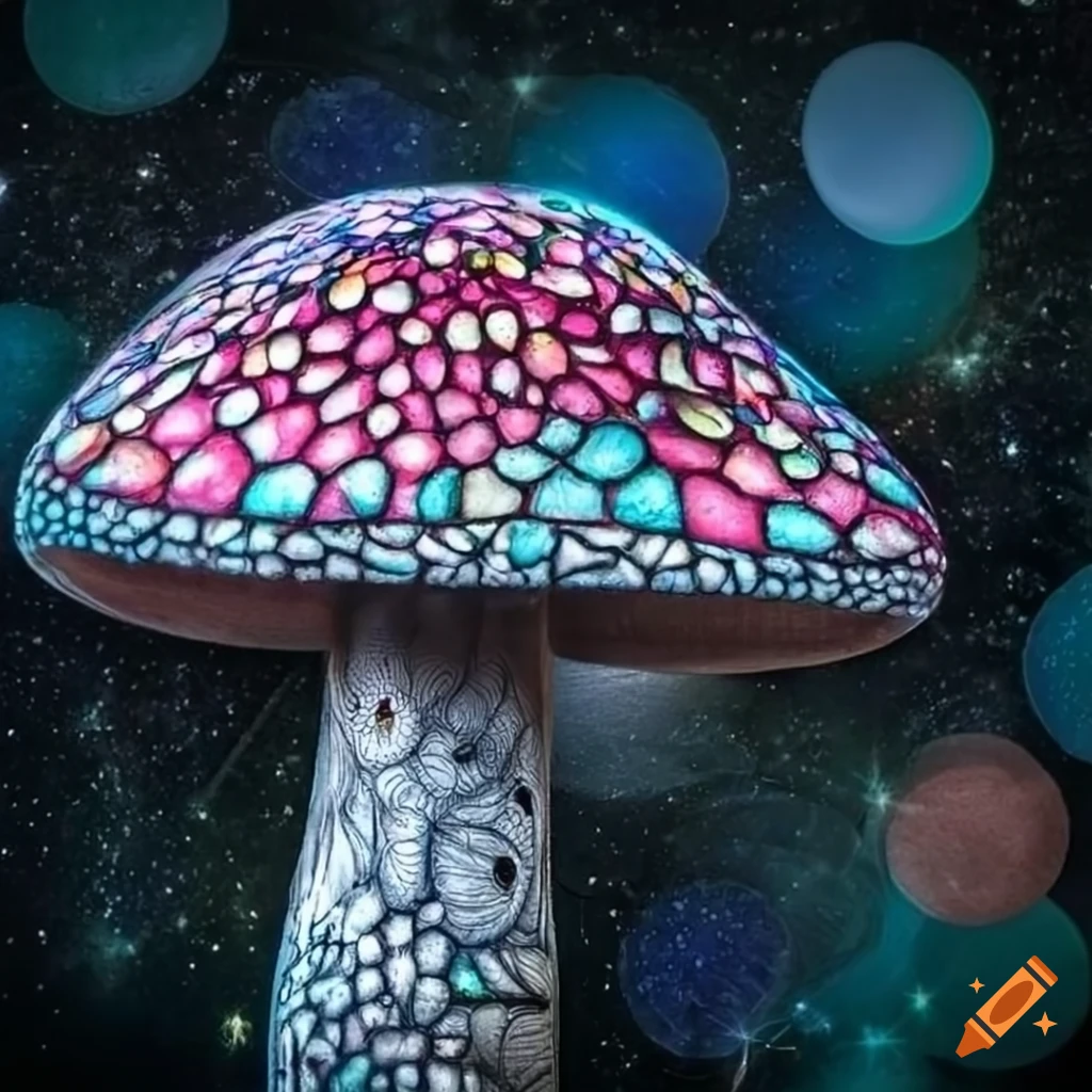 intricate zentangle mushroom art in a cosmic mosaic universe