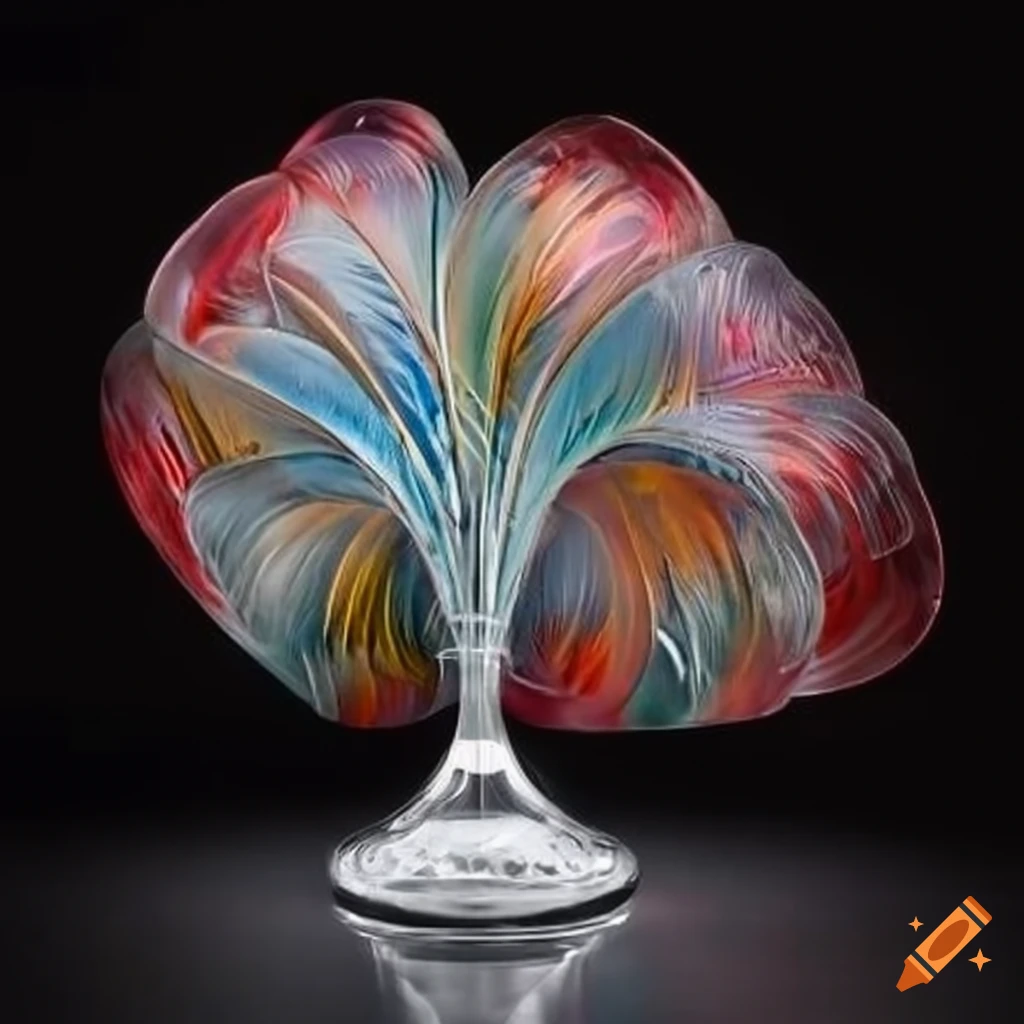 Glass artwork titled glass feather blossom shown in a gallery on Craiyon