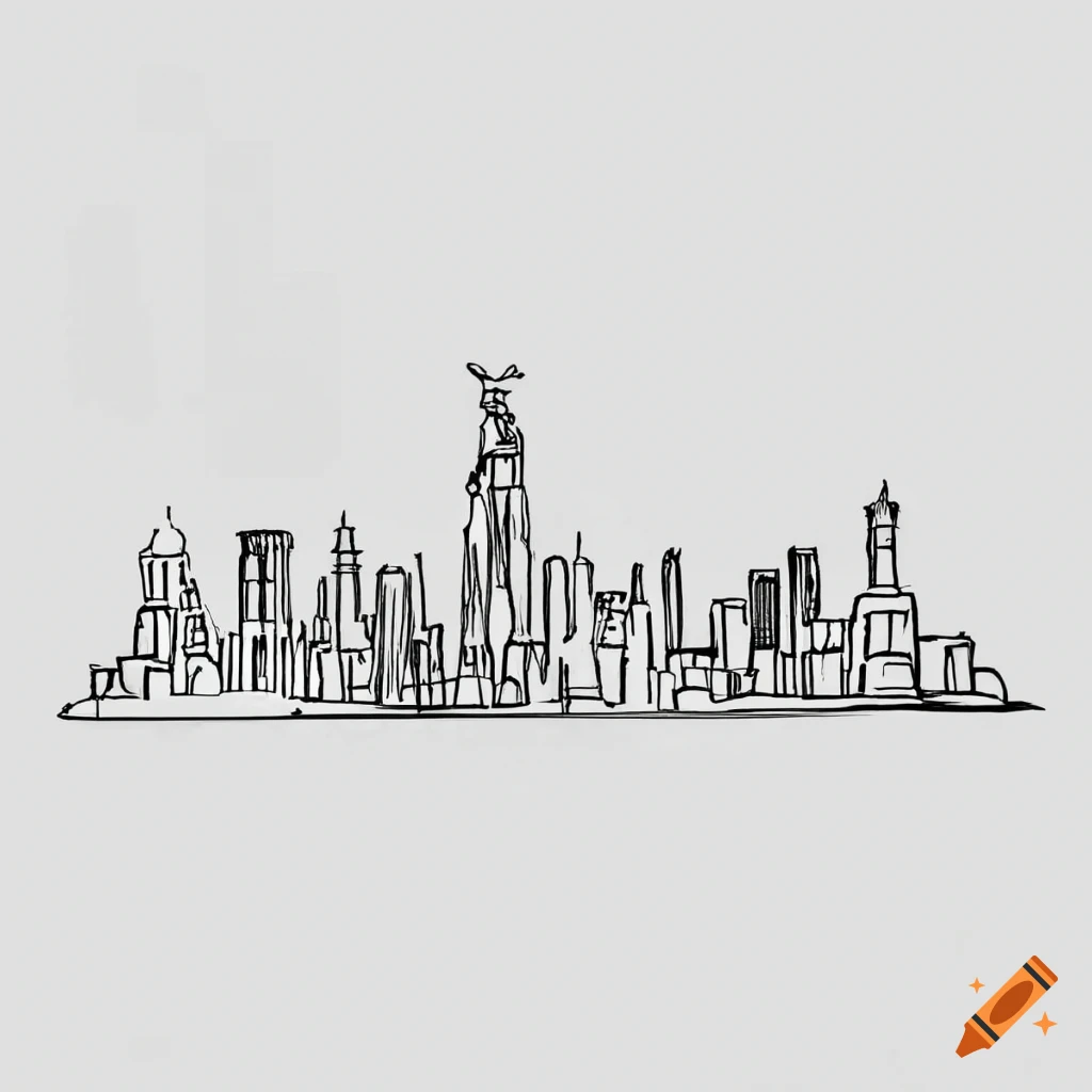 Hand-drawn vector drawing of a Big City Skyline. Black-and-White... |  Skyline drawing, City drawing, Cityscape drawing