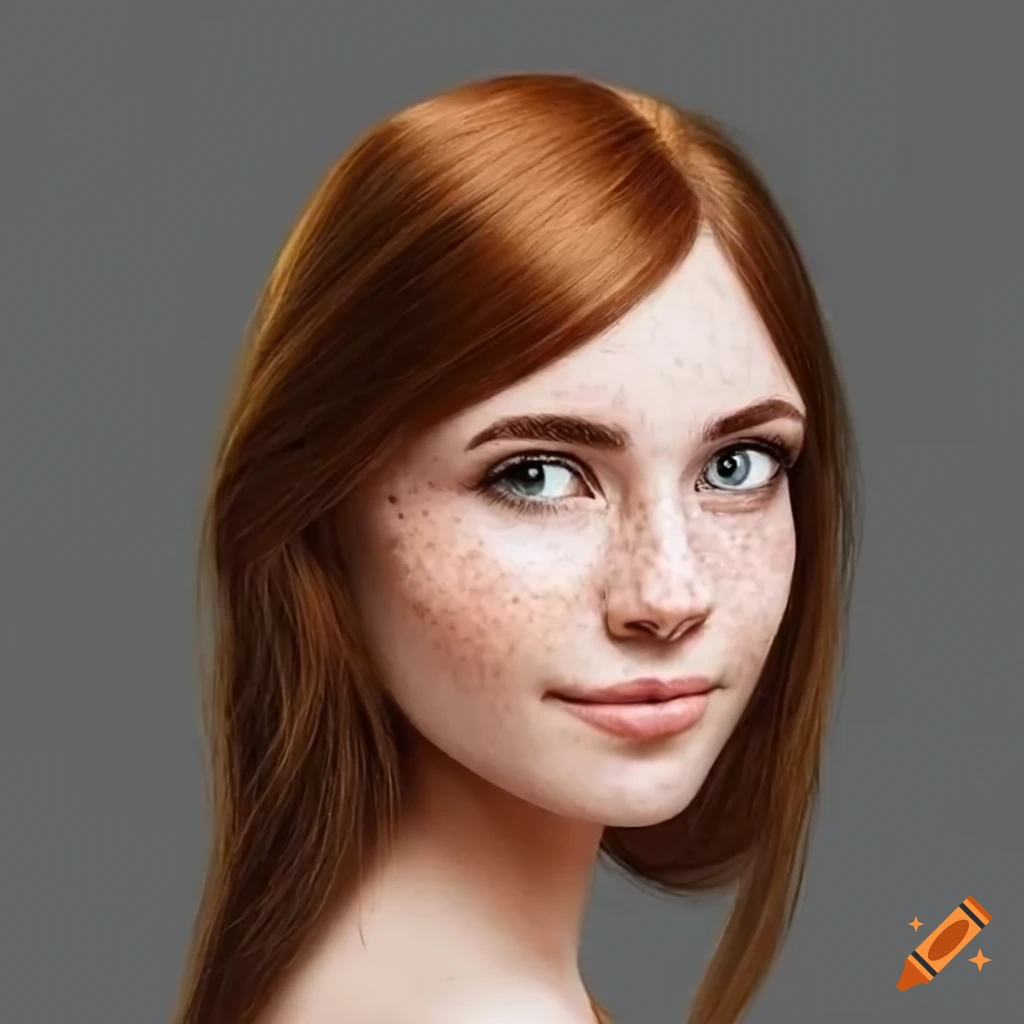 Pretty young woman delicate freckles shy smile chestnut hair
