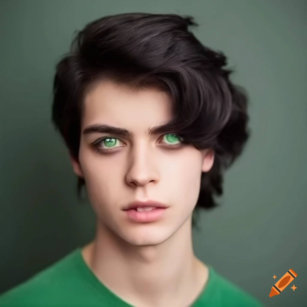 Young man with shoulder length wavy black hair and green eyes on Craiyon