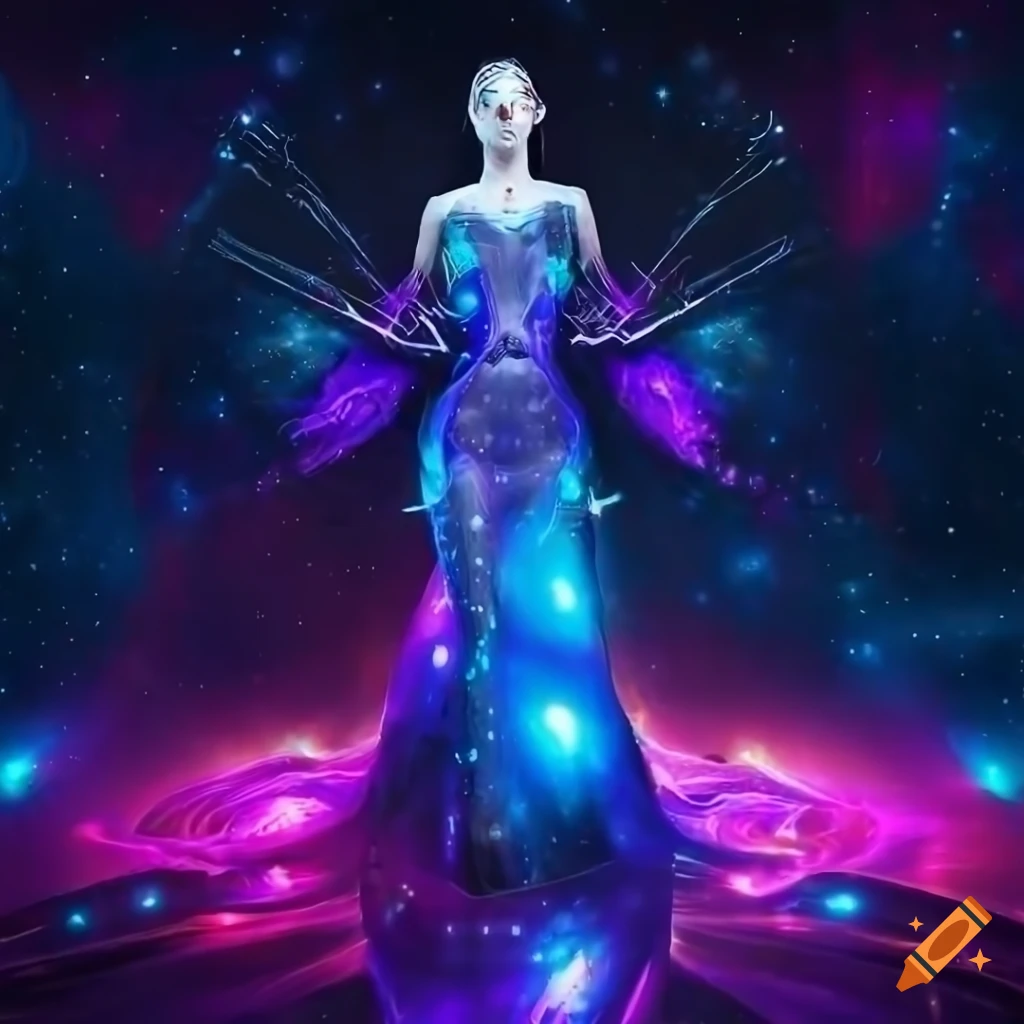 Stunning futuristic fashion dress shown on a cosmic-themed catwalk, 8k,  high details, digital art, art station, deviant art on Craiyon