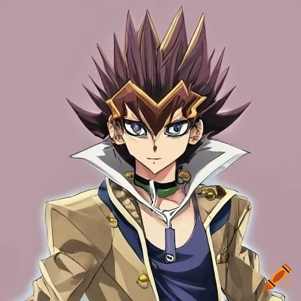 Yu-gi-oh 5ds atlas yusei kochi jojo brown hair with mullet anime character  standing yellow eyes beige jacket character standing
