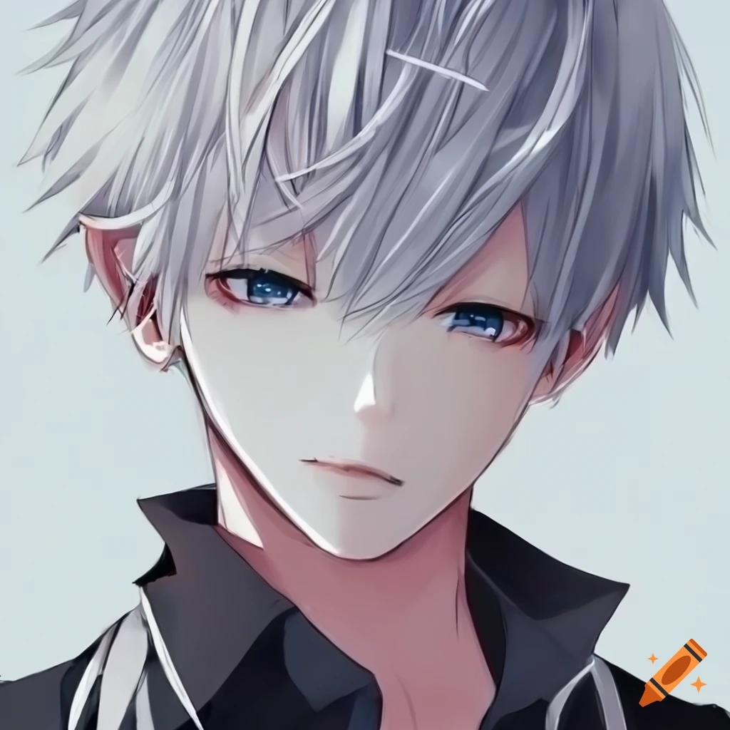Anime boy, medium hair, white skinned, white hair, white eyes
