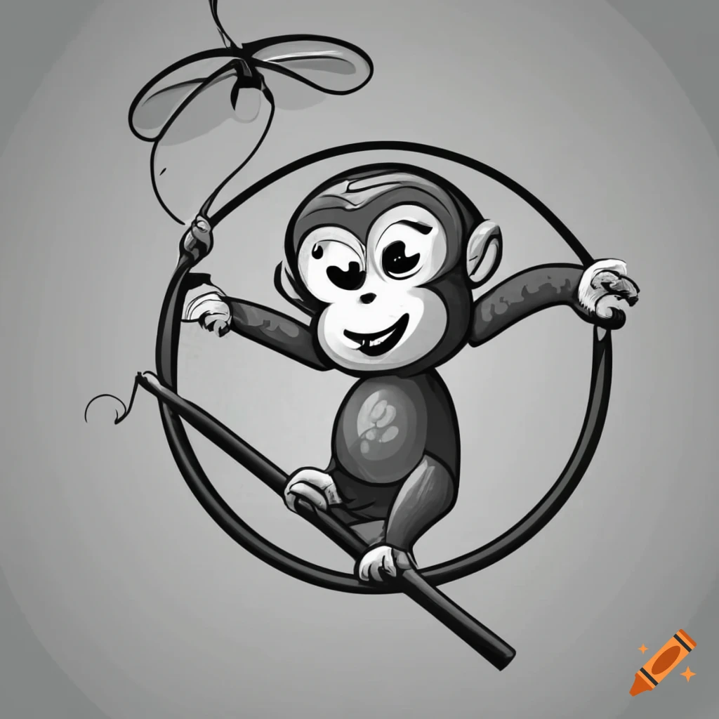 Cute small monkey perched on a fly fishing rod logo, black and