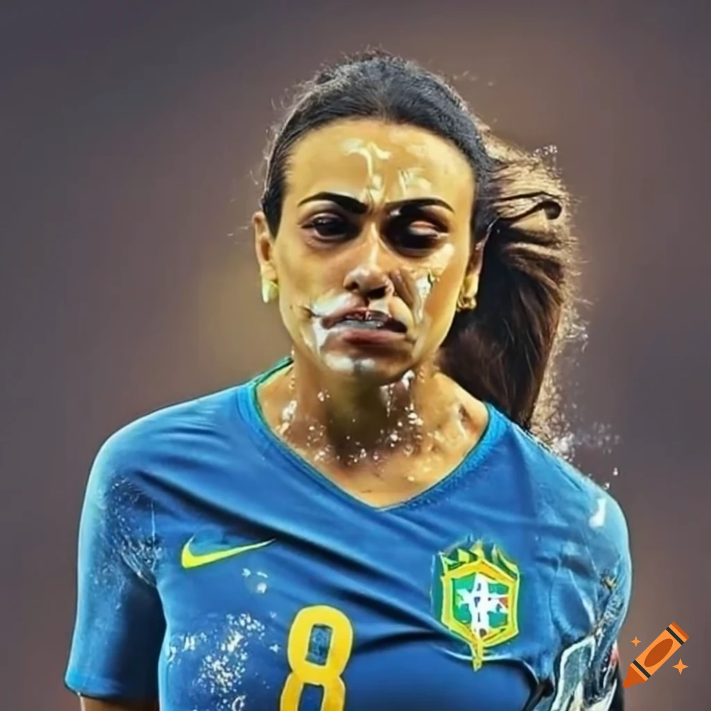 Brazilian football player Marta with her face smeared with flour