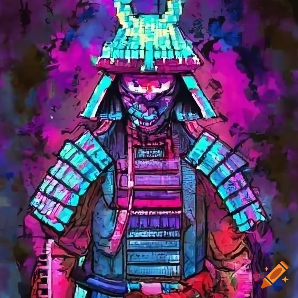 a pixelated cyberpunk samurai with neon lights in the background