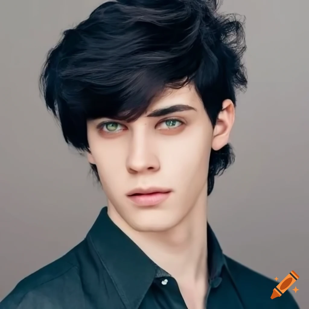 Young man with shoulder length wavy black hair and green eyes on Craiyon
