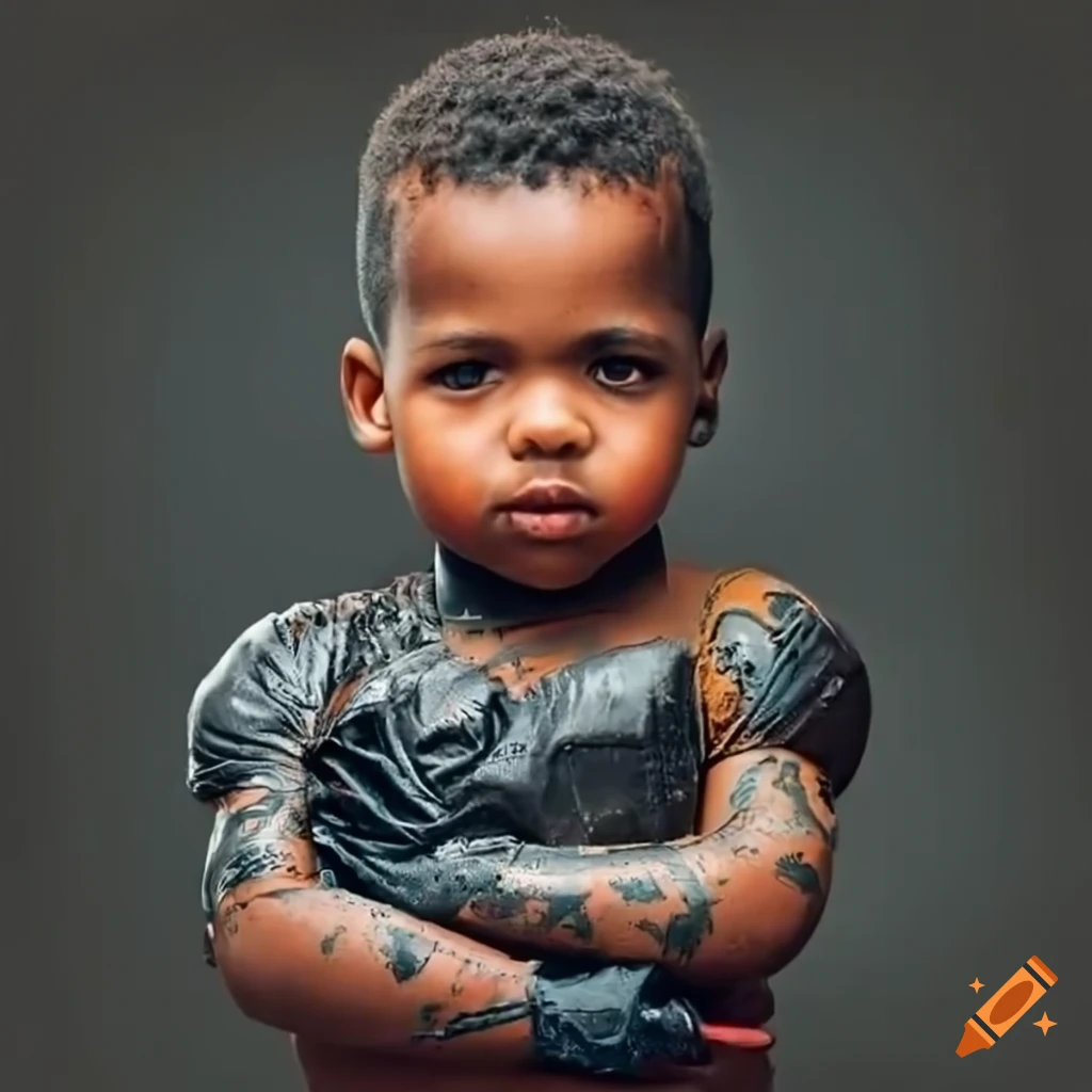 Black toddler boy in full black leather american football kit with his