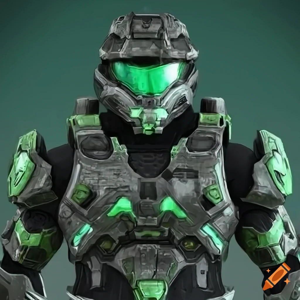 Black and malachite green halo spartan looking towards the sky