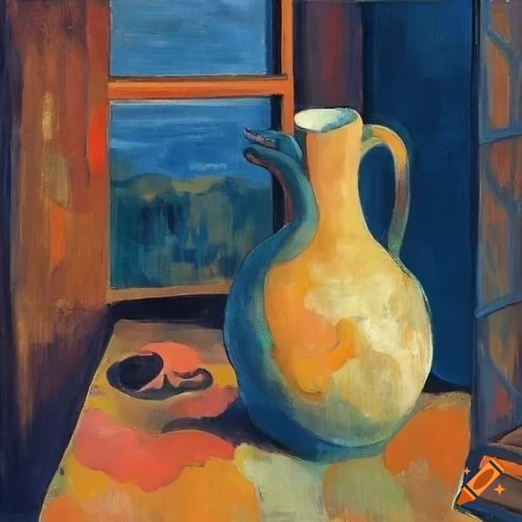 Abstract nordic-style painting of a jug next to a window by_paul_gauguin