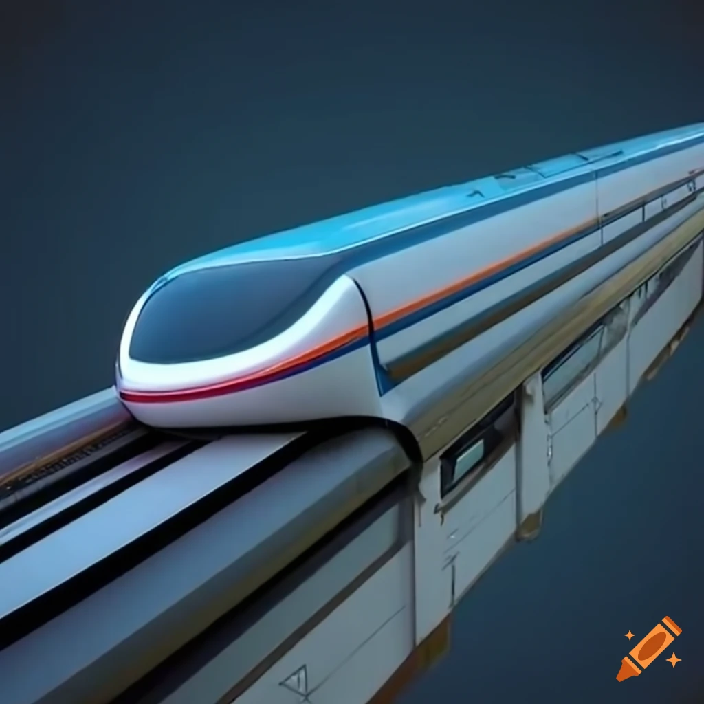a sleek, futuristic maglev monorail train speeding through a cityscape