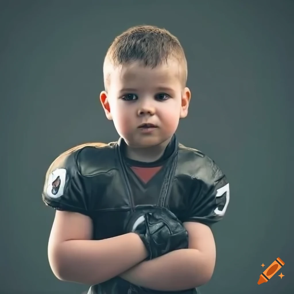Spanish toddler boy in full black leather american football kit with