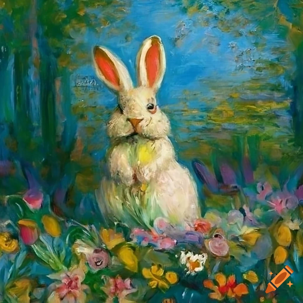 Oil painting of the easter bunny against the background of beautiful