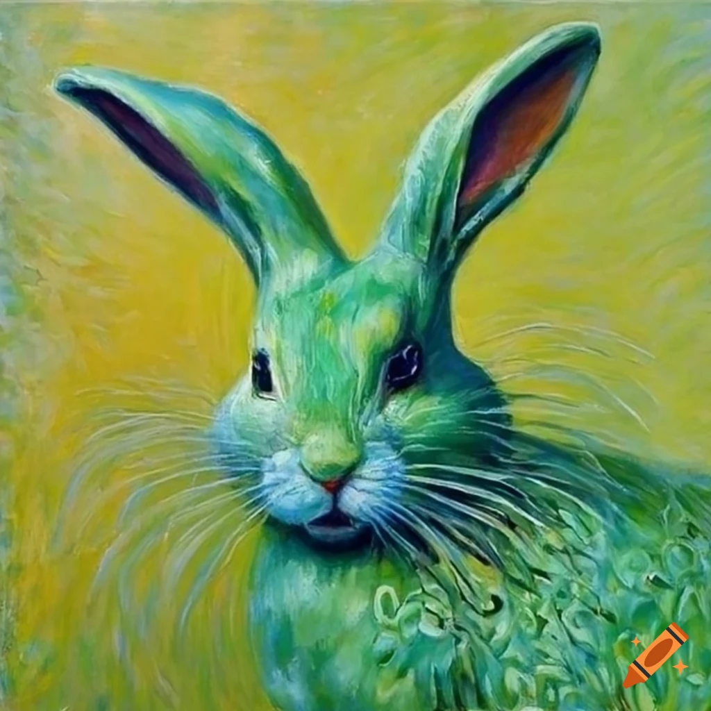 Stunning painting of a fantastical green rabbit by da vinci , monet