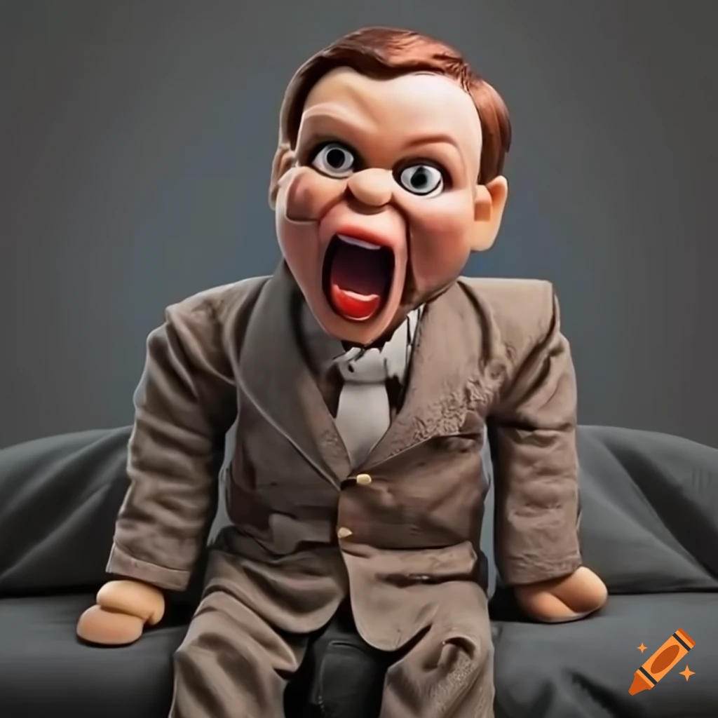 Ron desantis ventriloquist doll angry screaming sitting on a couch