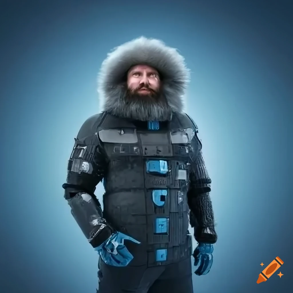 Very hairy man in icy plain wearing futuristic arctic clothing on