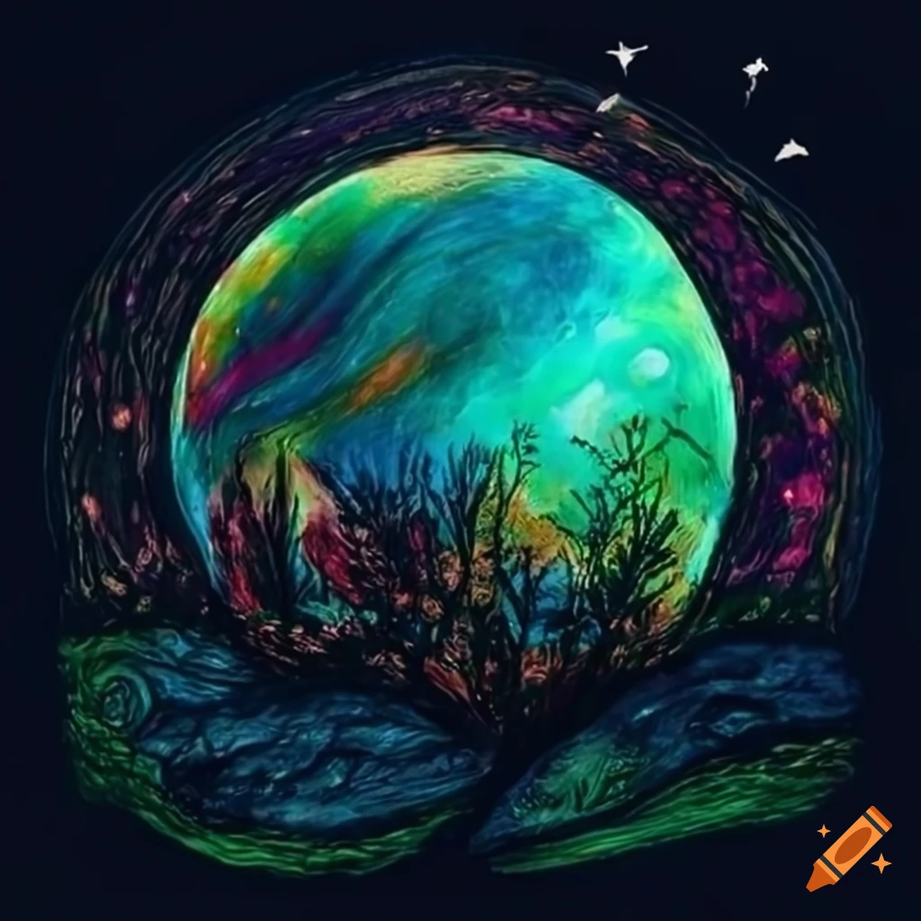Mysterious landscape of an alien planet with glowing flora and fauna on ...