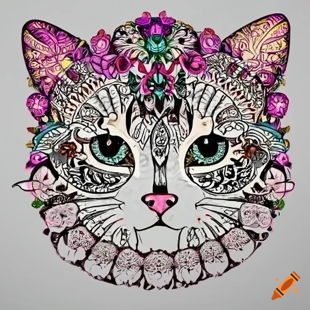 Simple mandala art for kids, cat image (persian) , white