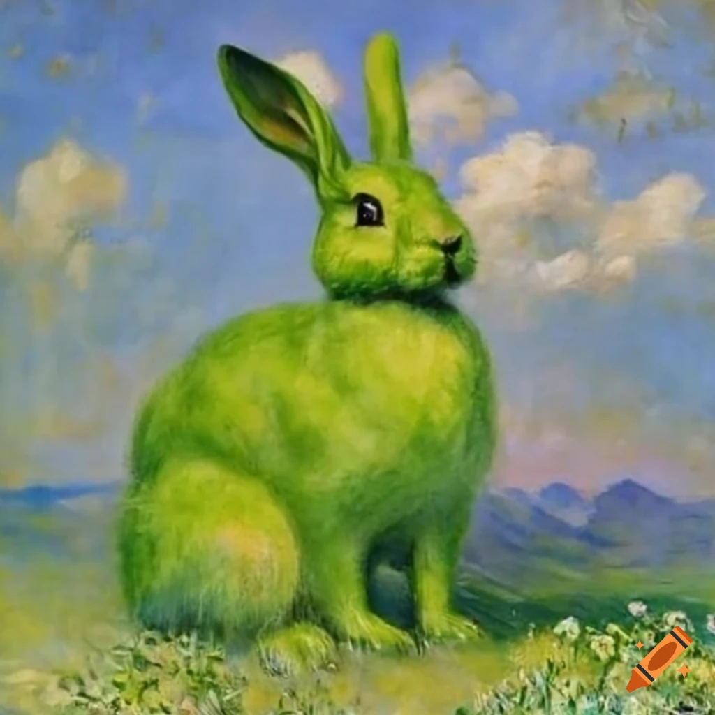 Stunning painting of a fantastical green rabbit by da vinci , monet on ...