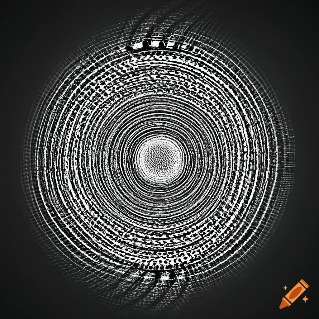 atomic model, emanating waves of concentric circles, line art, black and white, dark background