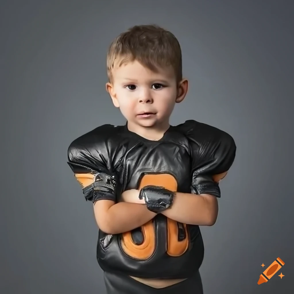 Spanish toddler boy in full black leather american football kit with