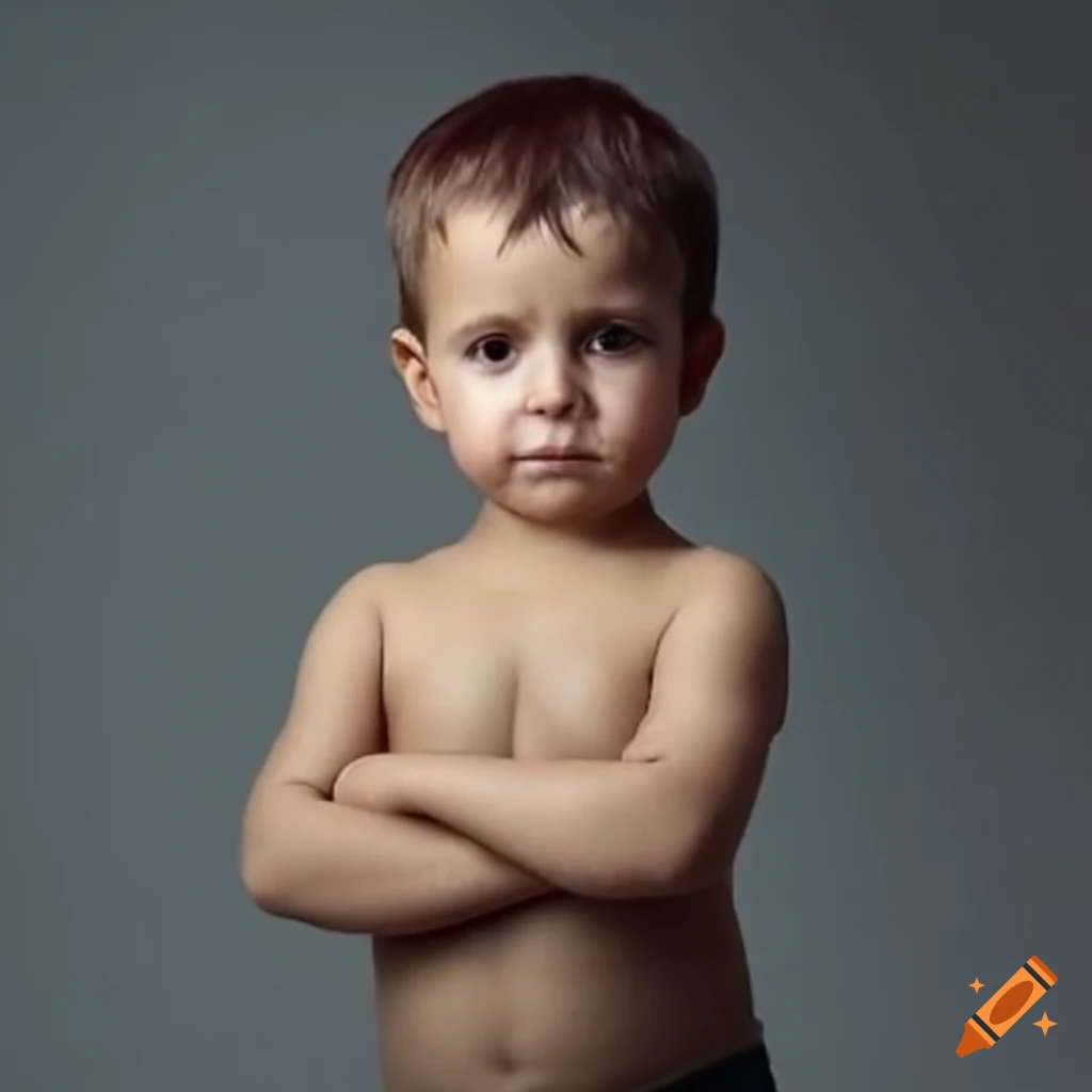 Spanish toddler boy in full hiviz made of leather arms crossed before