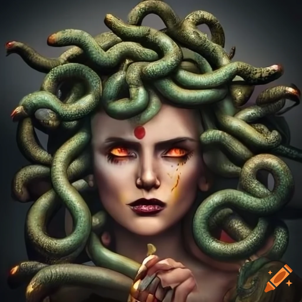 Medusa from greek mythology on a black dress, eyes of fire and a
