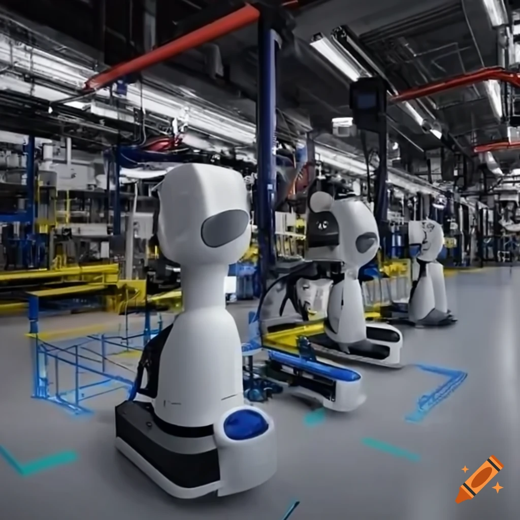A factory floor with aipowered robots working alongside humans, highlighting the increased