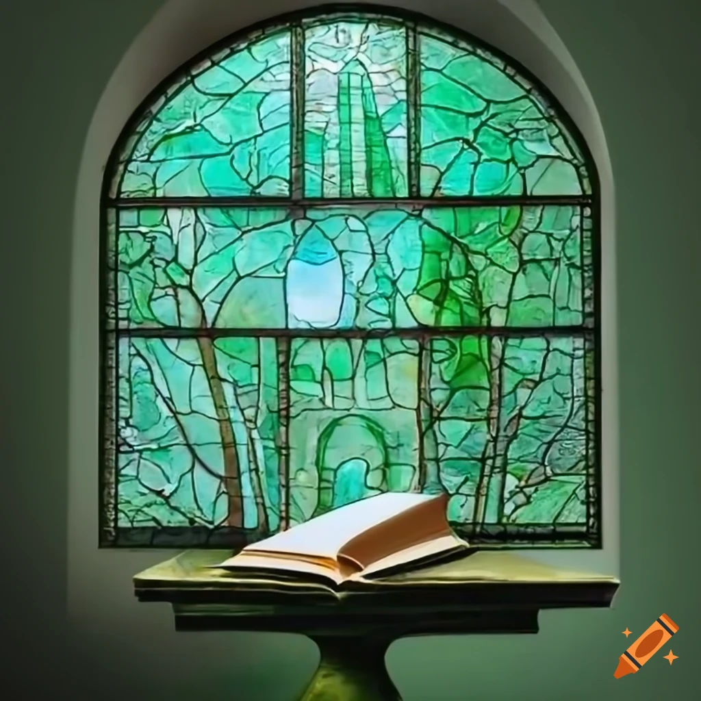 Green stained glass window with a picture of a book on a pedestal in a ...