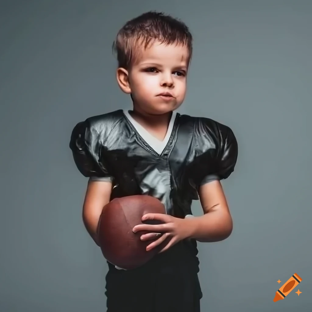 Spanish toddler boy in full black leather american football kit with his arms crossed before his