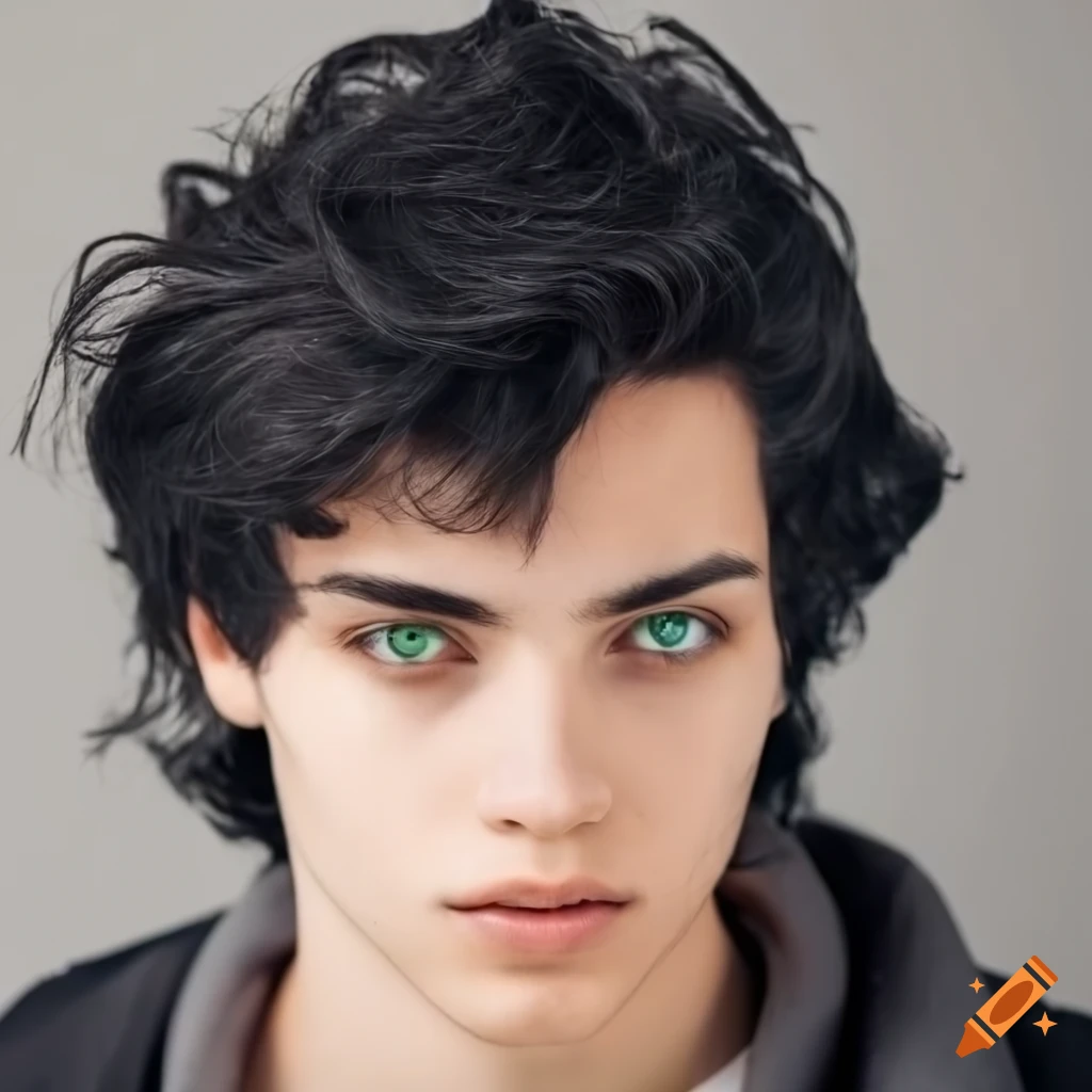 Young man with shoulder length wavy black hair and green eyes on Craiyon