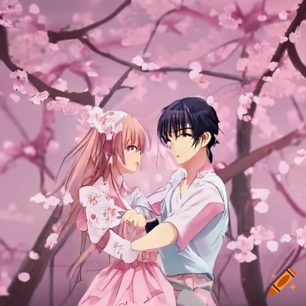 Cherry blossom background and cute couple stand in middle, anime look on  Craiyon