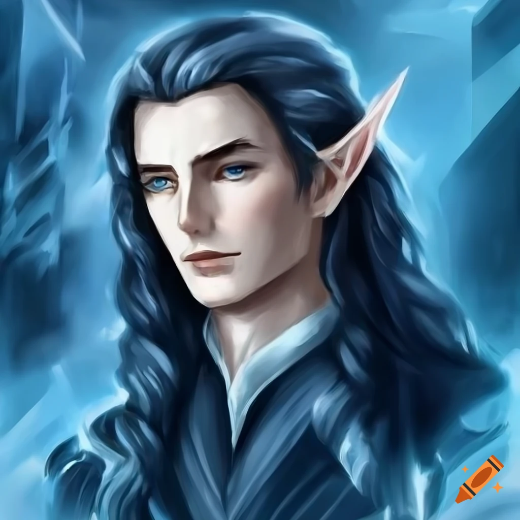 Classic tolkien artwork, handsome male elf, silver wavy hair, long hair ...