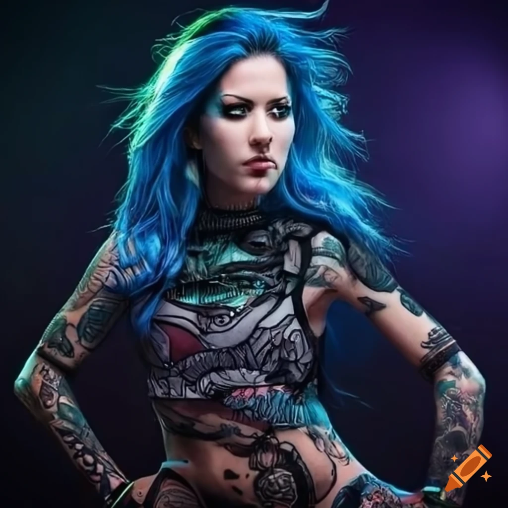 Stunning digital artwork of tattooed alissa white-gluz as a mercenary