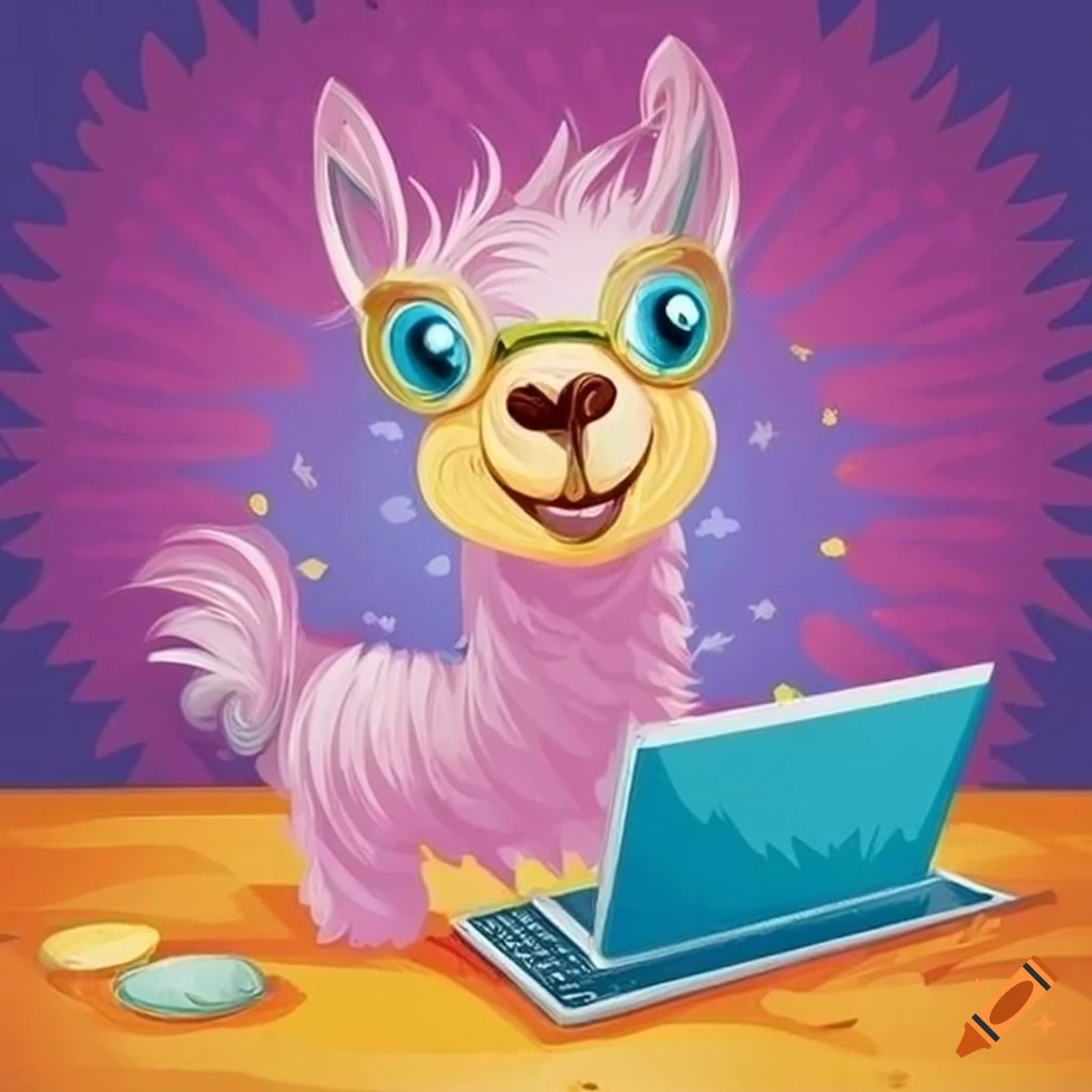 Llama using a computer in a fun and whimsical illustration