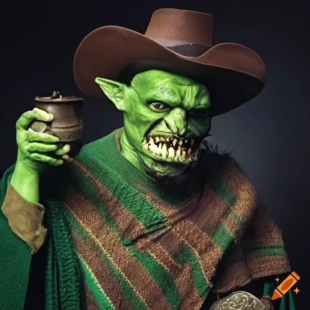 Orc wearing green poncho and cowboy hat stealing pot of gold coins
