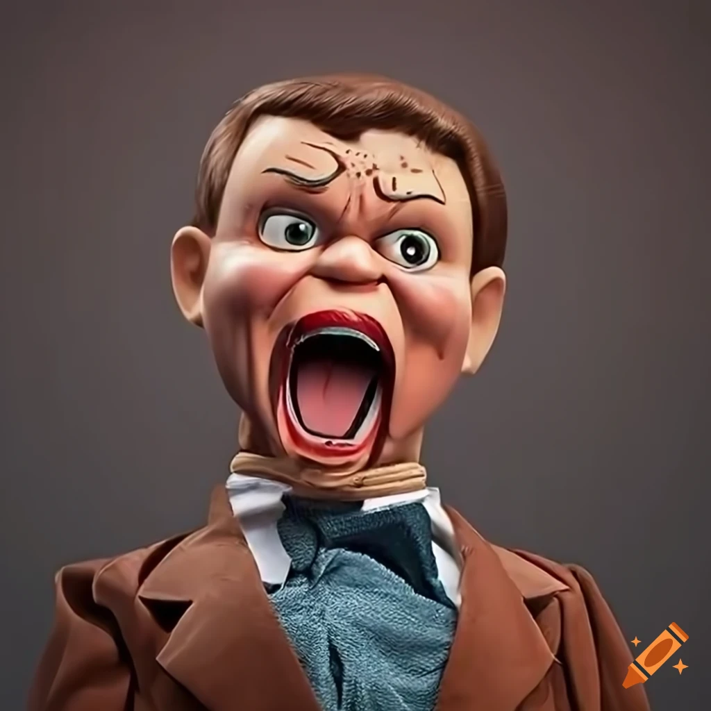 Ron desantis ventriloquist doll angry screaming sitting on a couch